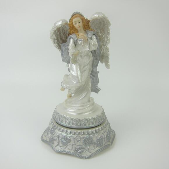 Vintage Christmas Music Box Angel Spins White Silver Hark The Herald Angels Sing - Picture 1 of 16